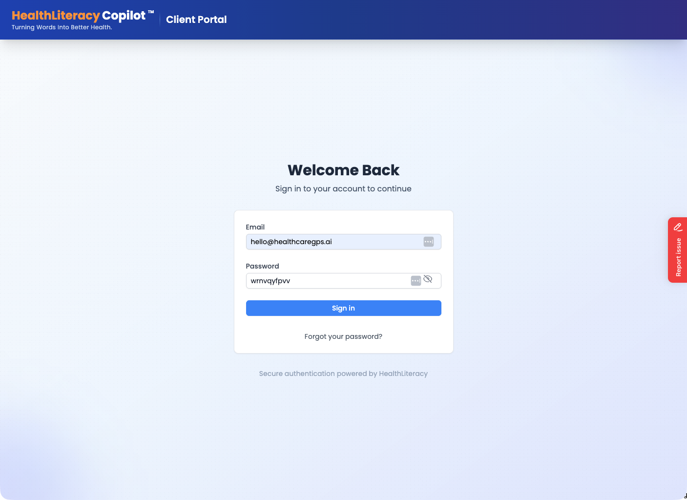 Client Portal sign in page