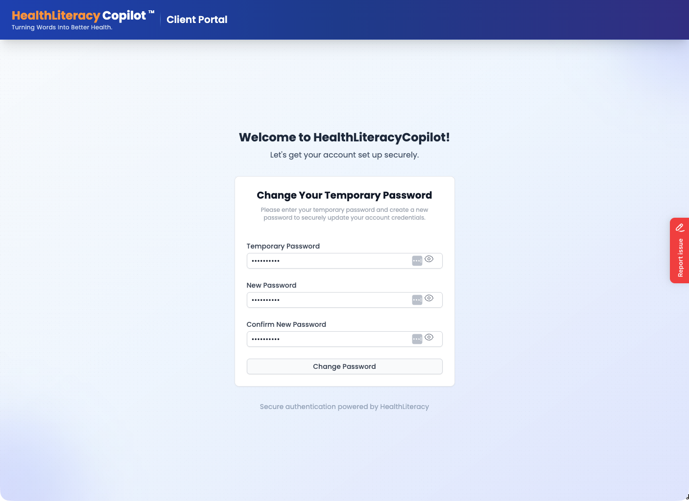 Change temporary password form