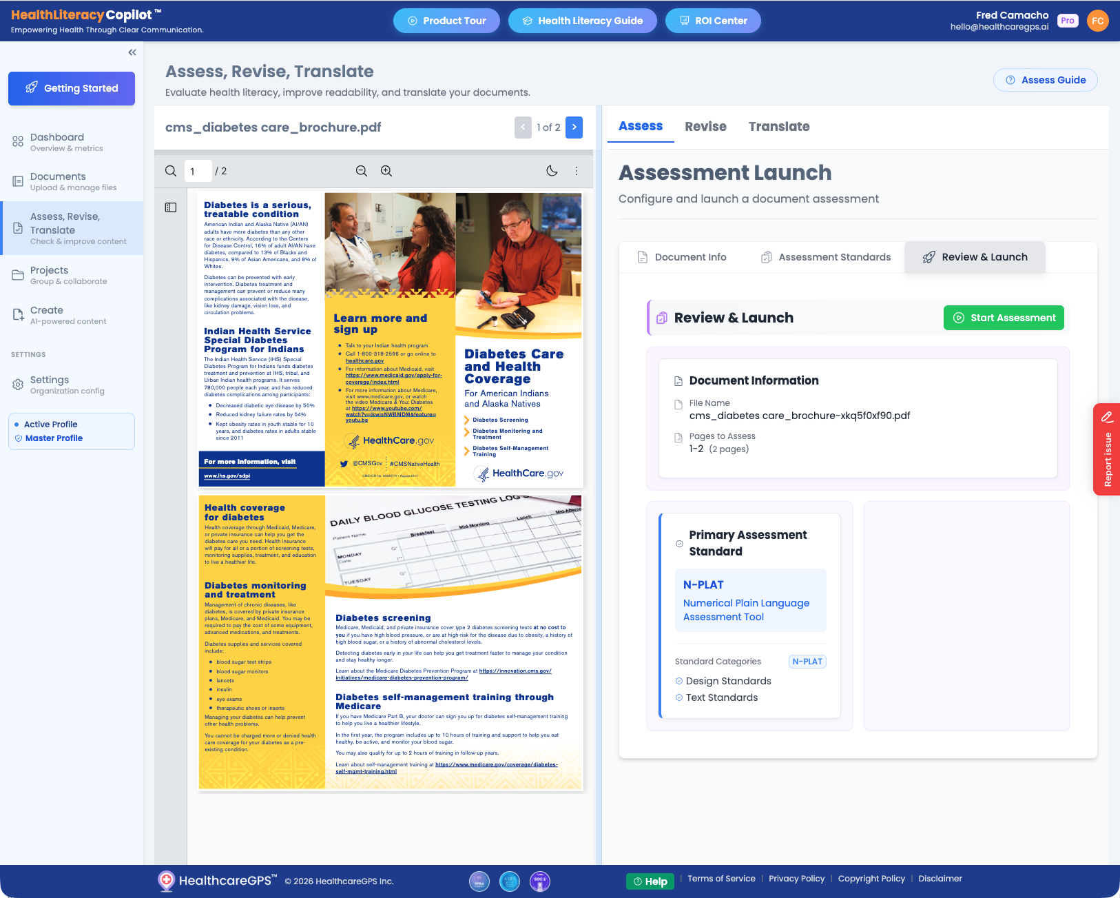 Review and Launch page showing document summary and Start Assessment button