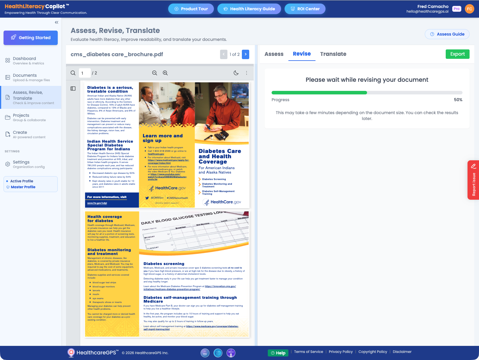 Revision progress bar showing AI generating suggestions