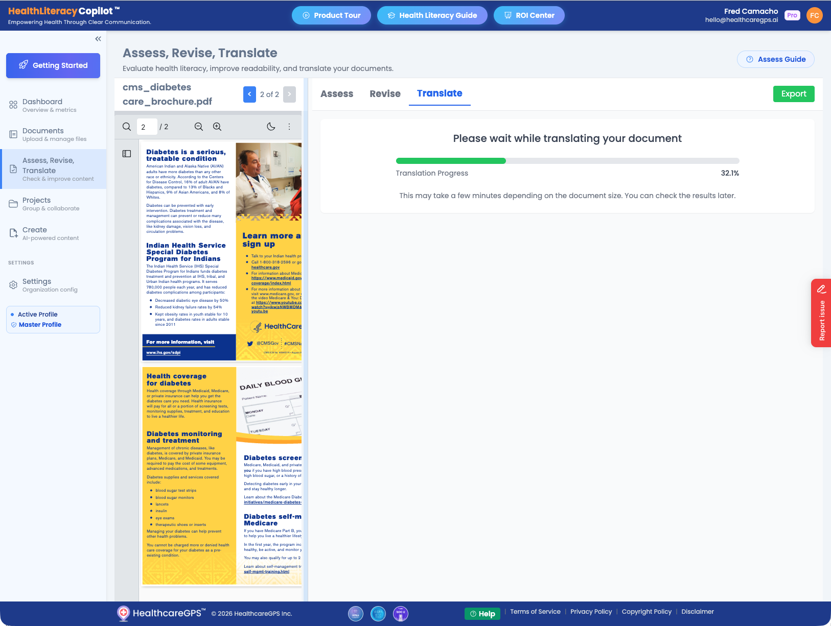 Translation progress bar showing document being translated